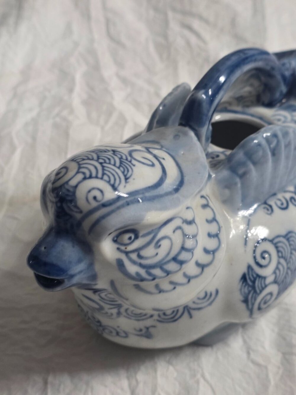 BLUE & WHITE CHINESE PHOENIX NESTING BIRD PORCELAIN TEAPOT POURER SIGNED VINTAGE